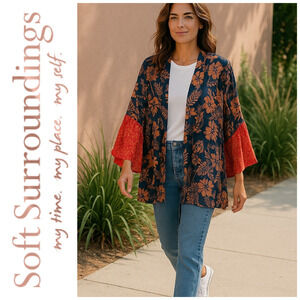 Soft Surroundings Floral Kimono - Navy and Red